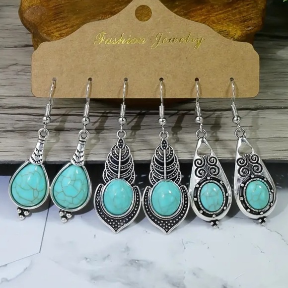 Jewelry - 3 Pairs of Carved Drop Dangle Boho Earrings.